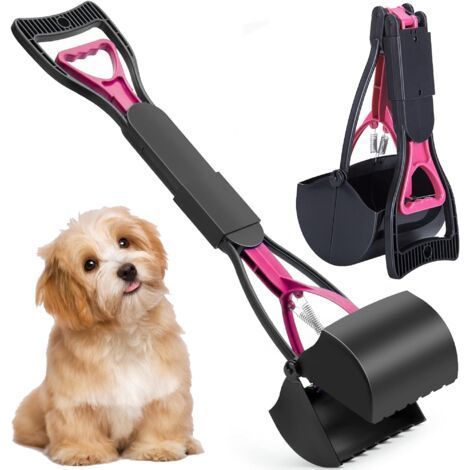 Ramasse-crottes, 60 cm, avec long manche solide et pince dentelée, pliable, pour ramasser les déjections des chiens et chats (rose). (1/4)
