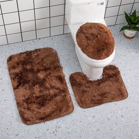 Tapis De Salle De Bain - Lot De 3 Tapis Non Glissants En Chenille Épaisse - Tapis De Baignoire U-Forme Couvre-Couette De Toilette - 50x80 cm 50x40 cm 37x40 cm - Café Clair (1/2)