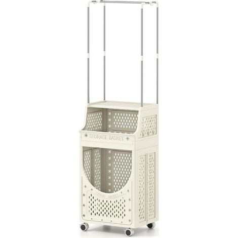 Carrello portabiancheria pieghevole a 3 ripiani con 8 ganci e comodo spazio per biancheria e detersivi beige PP 200017061