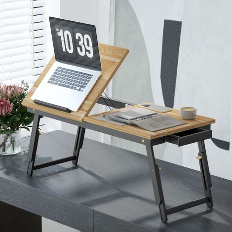 Klappbarer und verstellbarer Betttisch, Laptop-Betttablett aus Bambus – neigbares Tablett, Schublade, Eiche