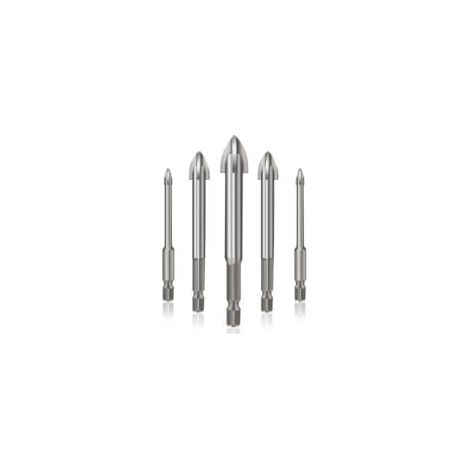 AHLSEN Outil de Perçage Universel Efficace, Ensemble de Forets à Carreaux Hexagonaux Croisés 5 pièces Ensemble de Forets à Béton pour Verre, Plastique, Carrelage (silver) (1/4)
