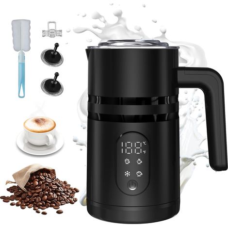 Electric Milk Frother with 4 Functions - Automatic Frother for Hot and Cold Milk, Auto-Shut-Off, Stainless Steel Design, for Matcha (Black - Digital Display) (1/5)