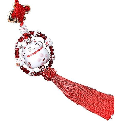 (rouge) Dcoration En Cramique De Chat Porte-bonheur Mignon, Pendentif De Rtroviseur De Voiture, Pendentif Dcoratif De Rtroviseur Intrieur De Voitu (1/4)