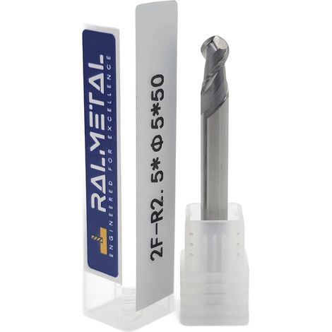 Fresa esférica para aluminio, VHM, Fi5, R2.5 x 10 x 50 mm, 45 HRC (1/3)