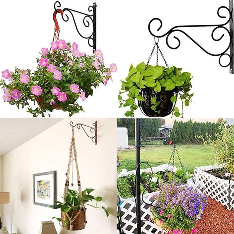 2 supports en fer pour suspension de plantes crochets muraux extérieur pour pots de fleurs mangeoire oiseau carillon lanterne 24,5x20 cm noir (1/2)