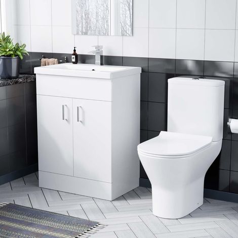 600mm Floorstanding White Basin Vanity & Rimless Close Coupled Toilet Flat Pack (1/5)
