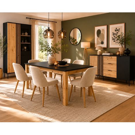 Salle à manger complète moderne noire et bois IRINA