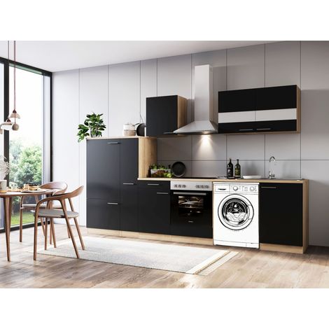 Küche Küchenzeile für Unterbau Waschmaschine Eiche Schwarz Merle 310 cm Respekta