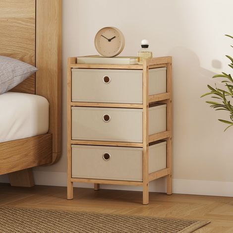 Kommode mit 3 Stoffschubladen, Bambusgestell, Anrichte für kleine Räume, cremefarben und naturfarben