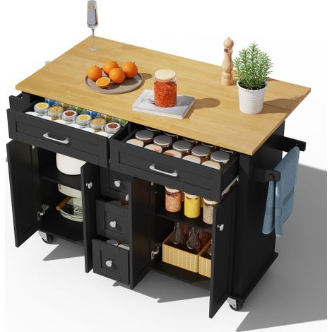 Chariot de cuisine multifonction comprenant un plan de travail à abattant, un porte-épices, un porte-serviettes et des roulettes — parfait pour servir d'îlot central, ou pour une utilisation dans les (1/4)