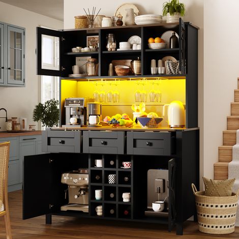 Armoire de cuisine haute noire, 120×40×170 cm, avec ports USB et prises électriques, buffet latéral 4 portes et 3 tiroirs, meuble vaisselier LED intégré, rangement pour cuisine.