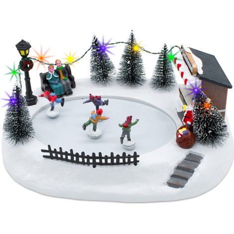 LED Weihnachtsszene Eisbahn mit fahrenden Figuren - 29 x 21 cm - Deko Winterstadt bunt beleuchtet mit Musik - Weihnachts Winter Dorf Szene Tisch Dekoration Spieluhr