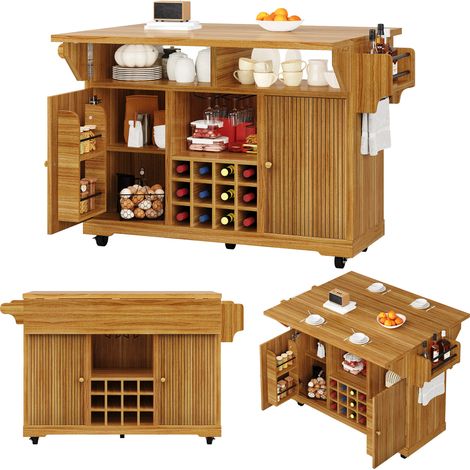 ELVMI Carrello da Cucina con Ruote, Ripiani Regolabili, Portabottiglie Estraibile e Piani Pieghevoli, in MDF, Marrone Scuro (1/5)