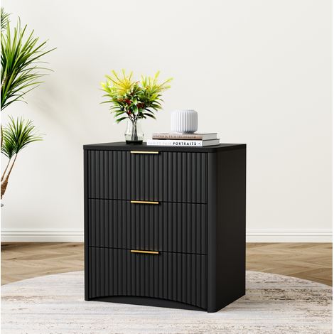 Nachttisch 58x38x64 cm in Schwarz mit 3 Schubladen, Rillenfronten und goldfarbenen Griffen (1/5)