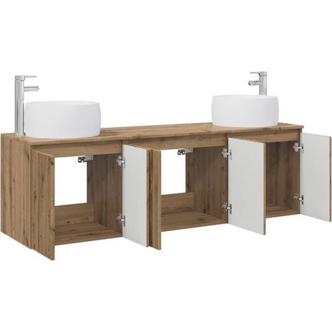 Meuble de Salle de Bain 3 Pièces en Chêne Massif Artisanal, Ensemble Vasque avec Rangement et Miroir, Design Moderne et Élégant pour WC ou Douche (1/5)