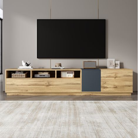 meuble tv rangement salon 200 cm bois noir gris moderne HAVRYA (1/5)