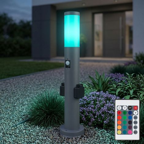 Lampada da giardino, dimmerabile con telecomando, segnapasso da esterno con rilevatore di movimento, presa 2x, piantana luminosa, acciaio inossidabile antracite, LED RGB 8,5W 806lm bianco caldo, IP44, (1/5)