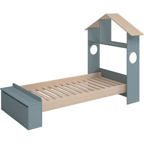 SKILA - Lit 90x190cm Tête de Lit Cabane et Banc-Coffre Gris Vert et Naturel (1/4)