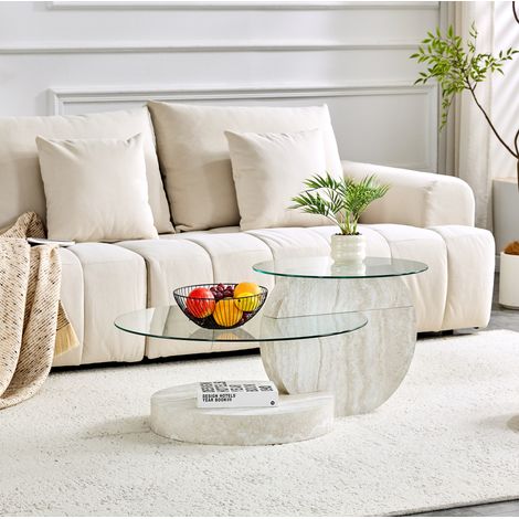 Tavolino basso a due livelli in vetro di sicurezza, struttura MDF, grigio chiaro OKMYHOME (1/5)