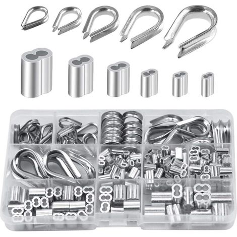 Lot de 250 cosses de câble métallique en aluminium de 6 tailles différentes - Assortiment de manchons à double barillet et 5 cosses de taille pour câble métallique