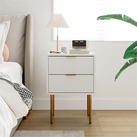 Small Bedside Table with 2 Drawers, Wooden Night Stand with Gold Legs, Mid Century Modern Side Table for Bedroom, Living Room, White (1/5)