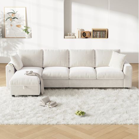 Sofá rinconero 280/137/84 cm de chenilla beige con cama, mesa abatible y almacenaje (1/5)