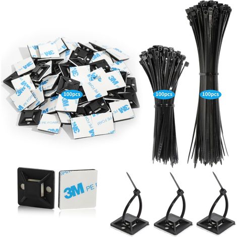 200 Pièces Serre-Câbles Plastique Noir avec 100 Collier de Serrage Plastique, Attache Câble Adhésif, Auto Adhésif Supports Base pour la Maison et le Bureau - (1/5)