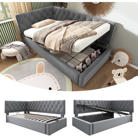 Bett mit Stauraum Samt Grau 90x190 cm, Tagesbett mit Lattenrost und hydraulischem Bettkasten (1/5)