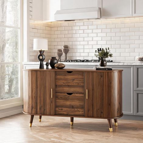 Buffet en MDF noyer 140 x 40 x 79,5 cm avec tiroirs et étagères (1/5)