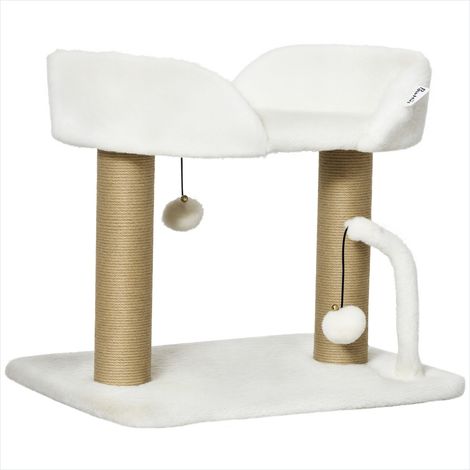 Arbre à chat design blanc avec griffoir sisal et pompons (1/5)