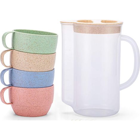 Ensemble bouilloire en paille de blé incassable avec 4 tasses multicolores pour enfants et adultes. Tasses légères, naturelles et réutilisables pour café, thé, eau fraîche, lait, jus. Sans BPA.
