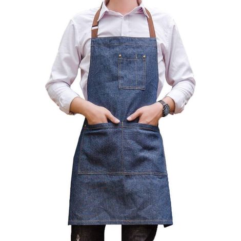 Grembiule unisex in denim regolabile con molteplici tasche: ideale per cucinare, fare barbecue e partecipare a corsi di cucina.