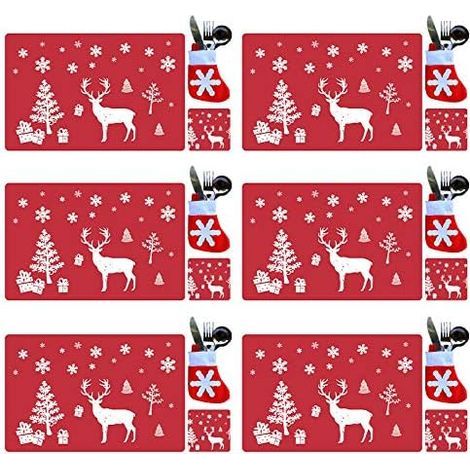 Juego de 18 manteles individuales, posavasos y cubiertos navideños rojos de PVC lavable. (1/5)