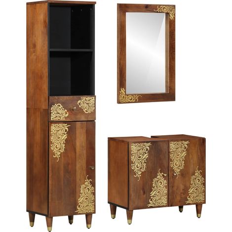 vidaXL Badezimmerschrank-Set mit Tür 3 pcs Honigbraun Massivholz Mango (1/5)