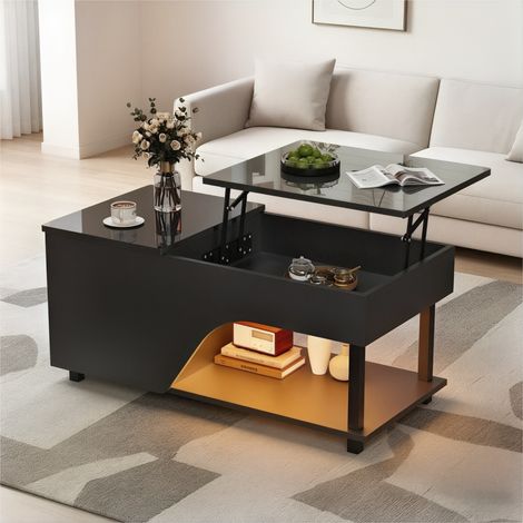 Couchtisch aus Spanplatte Schwarz 100 cm, höhenverstellbare Tischplatte mit USB-LED und Stauraum