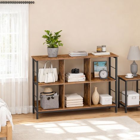 Étagère à Livres à 2 Niveaux, Étagère de Rangement avec 6 Compartiments, 33 x 120 x 80 cm, Marron Rustique et Noir (1/5)