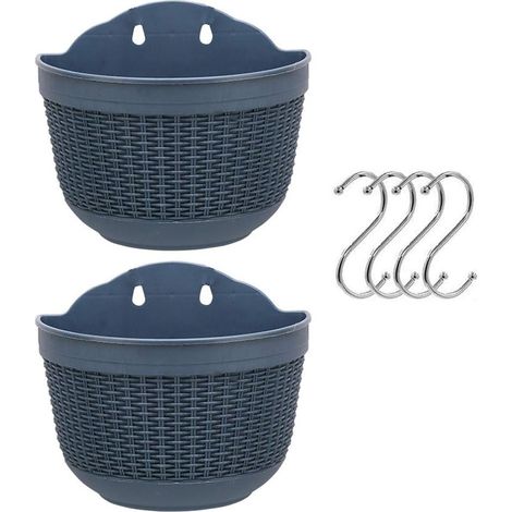 Set di 2 vasi da fiori sospesi in plastica per balconi, recinzioni, vasi da fiori da parete con drenaggio e 4 ganci