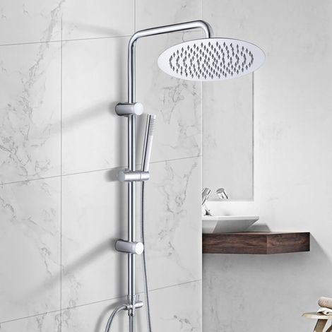 Görbach Colonne de douche chromée pour robinetterie existante, douche pluie ronde Ø25 cm, supports muraux ajustables (1/5)