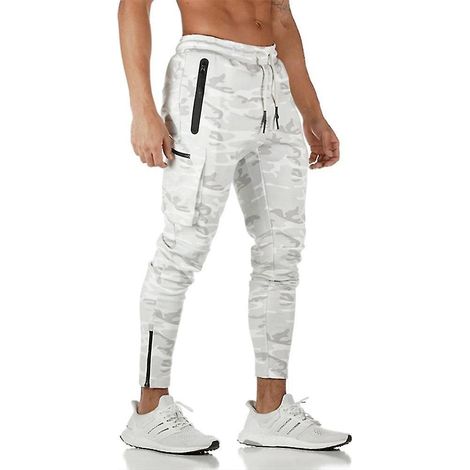 Pantalon cargo de sport européen/américain pour homme, camouflage, idéal pour le fitness, la course et l'entraînement. Fermeture éclair tendance. Taille L, camouflage blanc. (1/4)