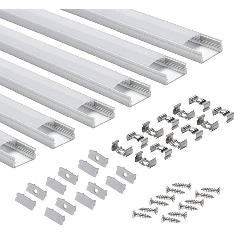 Profilé aluminium LED AP03 en U pour bandes LED, finition professionnelle avec couvercle blanc laiteux, embouts et clips métal, 6x1 m, accessoire éclairage (1/5)