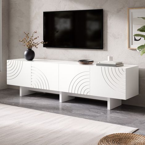 Mueble TV blanco 170 cm con 4 puertas y almacenaje, fachadas con relieve geométrico, estilo contemporáneo (1/5)