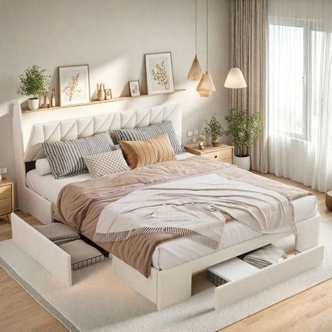 Lit Double 160x200 avec 3 Tiroirs Lit Adulte Tête de lit rembourrée avec rangement et éclairage LED Lit Capitonné en velours Beige (1/5)
