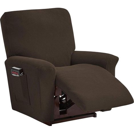 Velvet Recliner Chair Cover, 4-Piece Set, Stretchable, Non-Slip Chair Cover with Side Pocket, Sofa Cover for Living Room, Removable and Washable Protective Cover (Light Brown) (1/5)