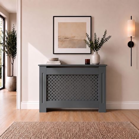 Radiator Cover Medium Anthracite Grey Traditional Cross Slat MDF Cabinet with Display Shelf 1120x815x190mm (1/5)