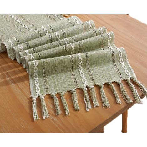 Chemin de table bohème 33 x 120 cm, vert, polyester, style rustique champêtre. Idéal pour une fête.