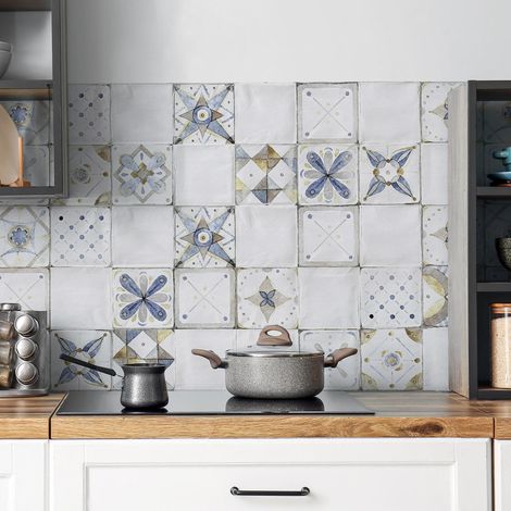 Panneau de Cuisine Anti-éclaboussures, Autocollant Mural Facile à appliquer, Motifs Carreaux de Provence, 190 x 60 cm, en PVC, Ignifuge et résistant à l’Eau, évier (1/5)