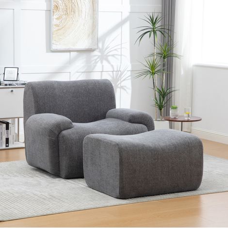 Sillón con reposapiés, set 2 en 1, embalaje al vacío, sin montaje, chenilla gris (1/5)