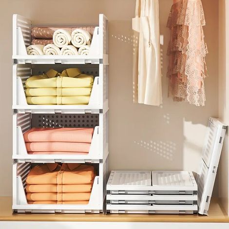 Hofuton Organiseurs de rangement pliables, empilables, paniers de rangement en plastique pour chambre à coucher, cuisine, salle de bain, blanc, lot de 4, L