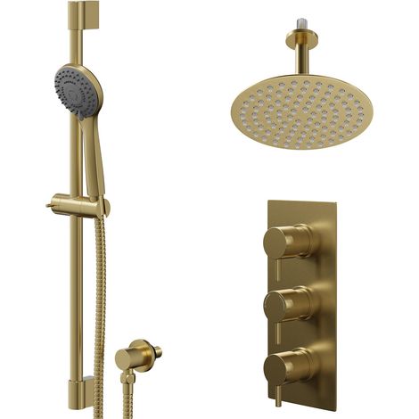 Colore Round Brushed Brass Concealed Triple Thermostatic Shower Valve and 200mm Thin Round Fixed Head with 150mm Ceiling Arm and Round Slide Rail Kit with Round Elbow - 2 Outlet (1/5)