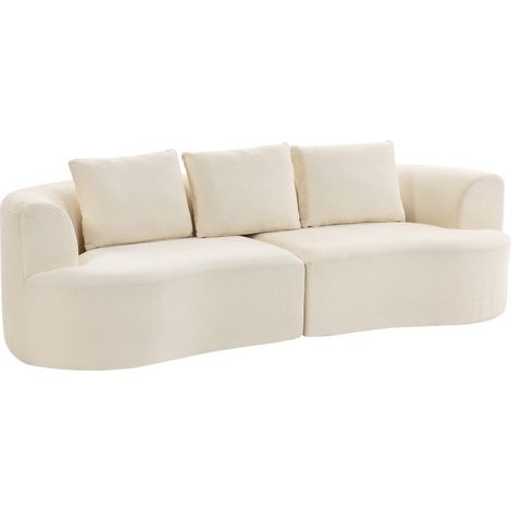 Canapé 3 places 260 cm en chenille, assise large, rembourrage à ressorts, mousse haute densité, 3 coussins, crème blanche.